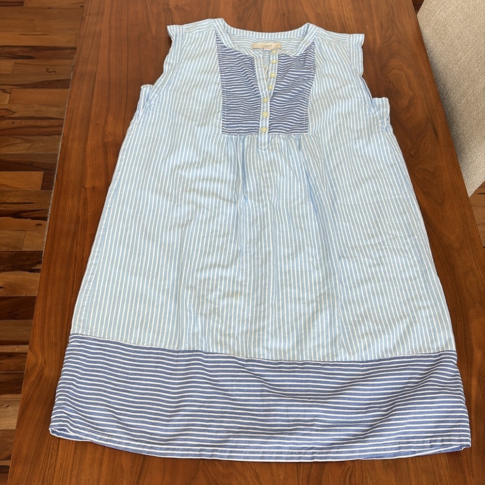 LOFT Striped Henley Shift Dress Sky Blue Size Small - Picture 4 of 8